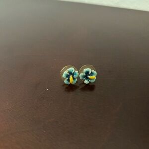Floral Stud Earrings with Blue and Yellow Accents